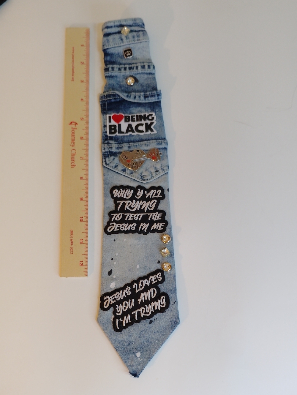 Light Wash Denim Statement Tie with Patches - Picture 3 of 3